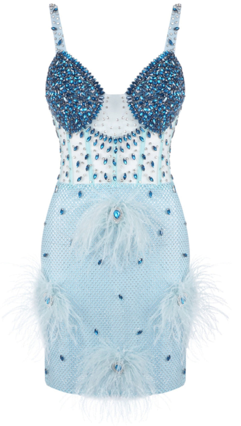 CRYSTAL BUSTIER FEATHER DETAIL  MINI DRESS BLUE