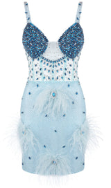 Crystal Bustier Feather Detail  Mini Dress Blue
