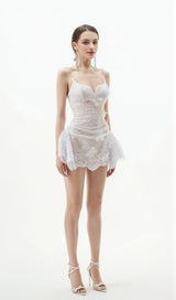 verna Butterfly embellished Lace Mini Dress in white