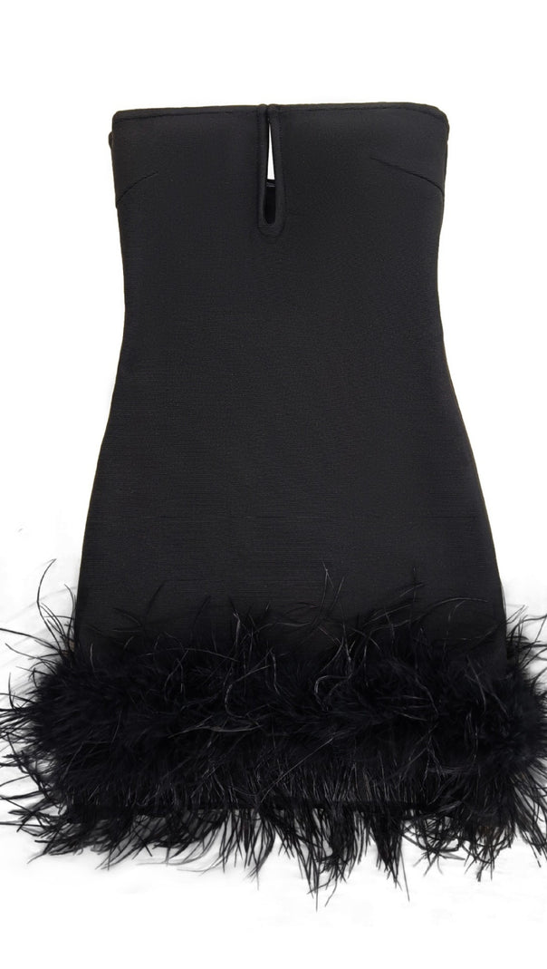 AIIZIE DEEP V TUBE TOP OSTRICH FEATHER HIP-WRAPPED MINI DRESS BLACK - product image