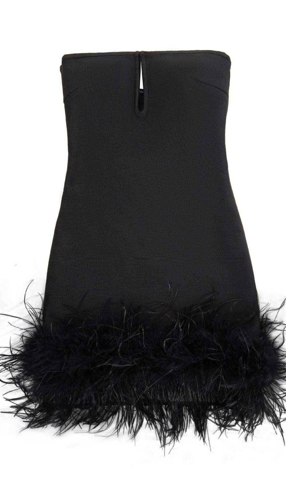 Deep V tube top ostrich feather hip-wrapped mini dress black