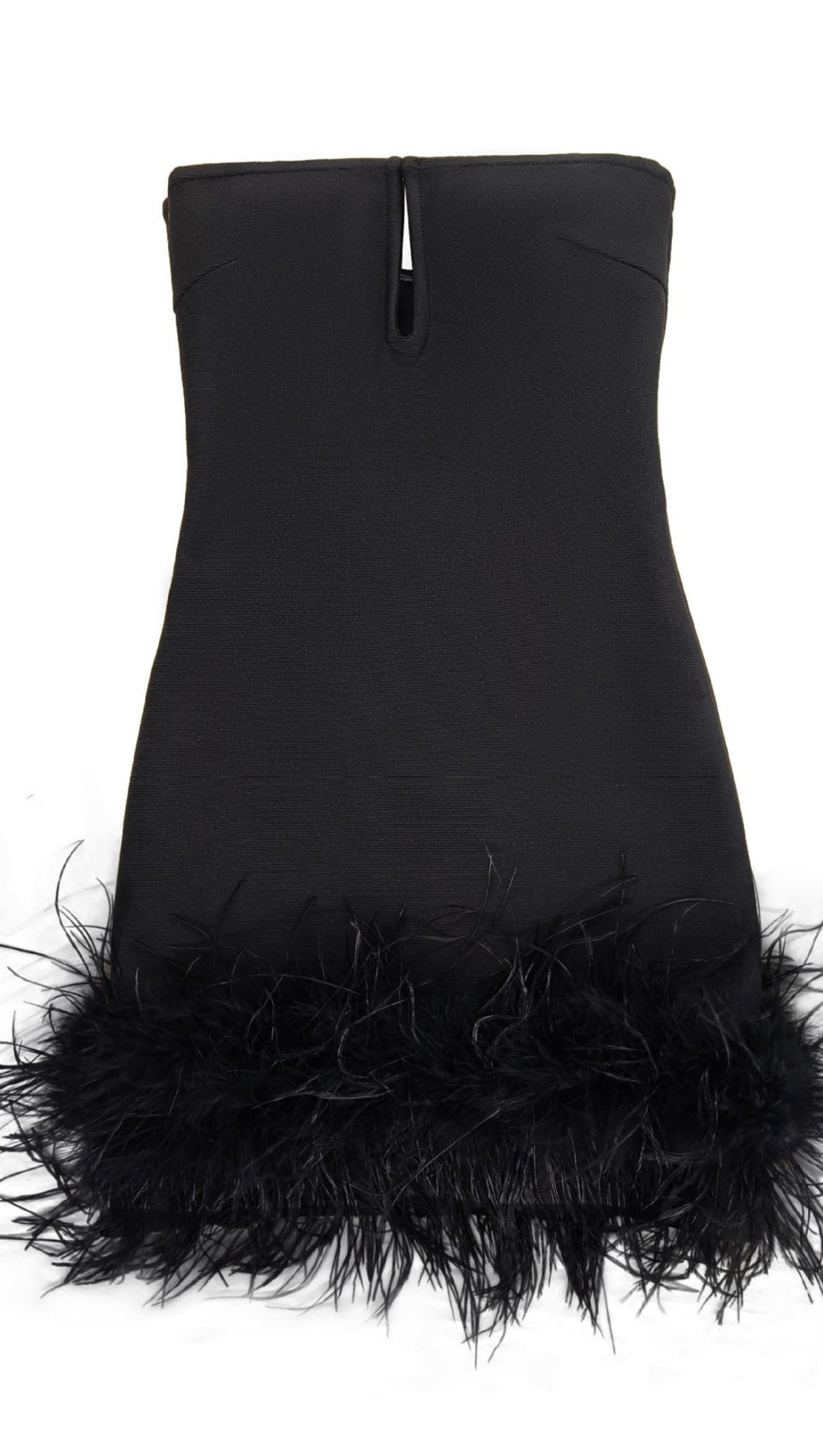 DEEP V TUBE TOP OSTRICH FEATHER HIP-WRAPPED MINI DRESS BLACK