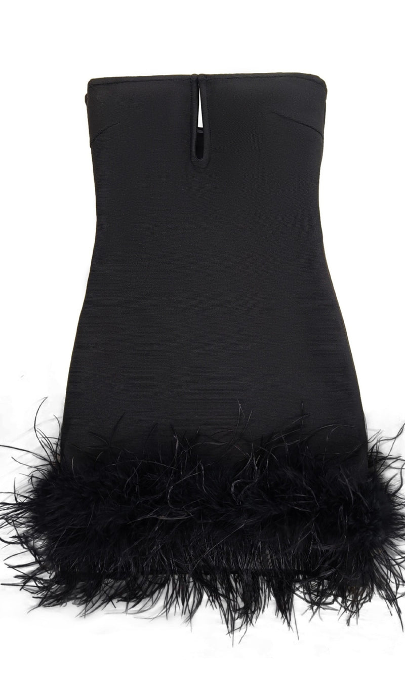Deep V tube top ostrich feather hip-wrapped mini dress black