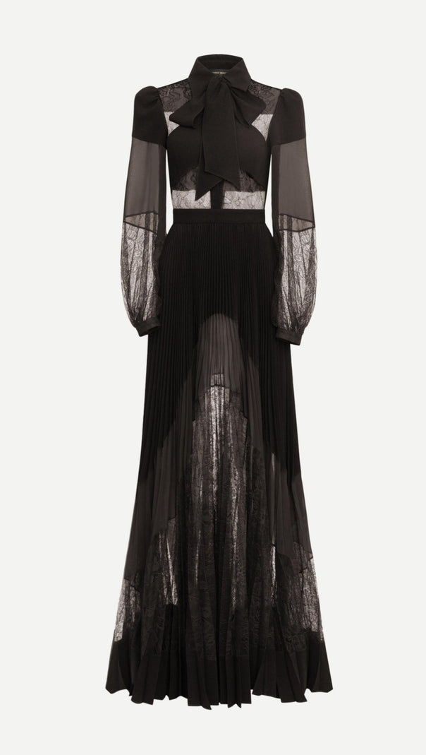 AIIZIE SIMONA LACE SPLICE PLEATED MAXI DRESS IN BLACK - product image