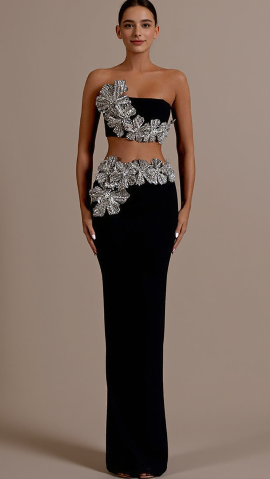 STRAPLESS CRYSTAL FLORAL TWO PIECE MAXI DRESS BLACK