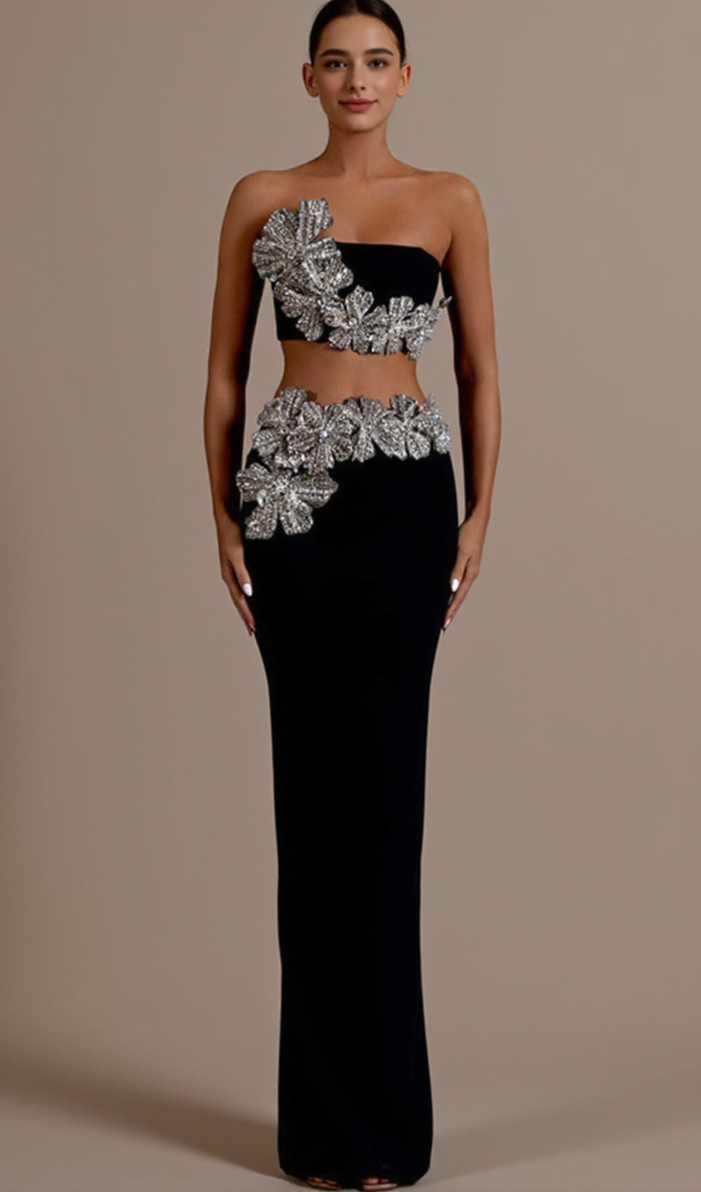 STRAPLESS CRYSTAL FLORAL TWO PIECE MAXI DRESS BLACK