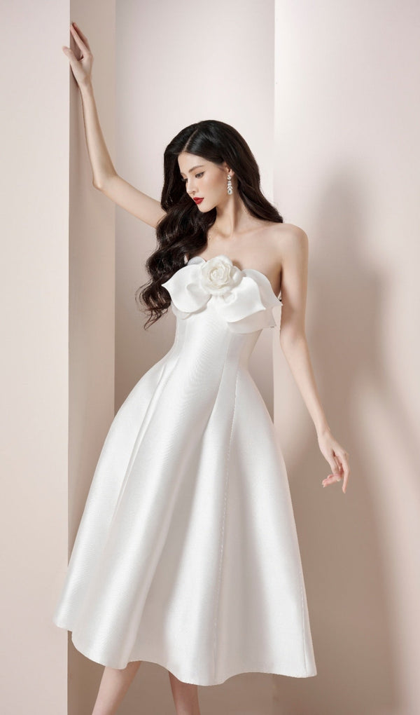 mignon 3d flower satin strapless midi dress in white
