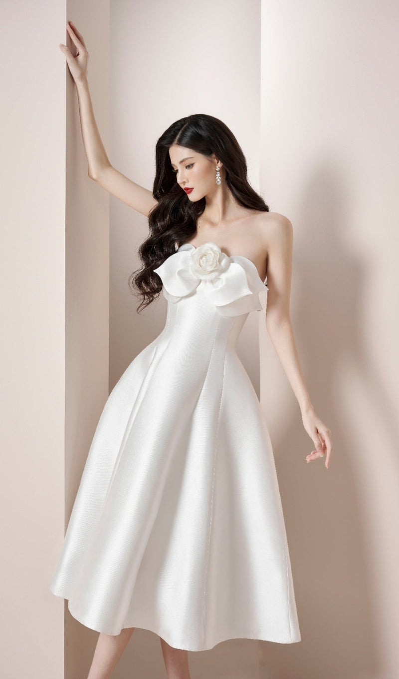 mignon 3d flower satin strapless midi dress in white