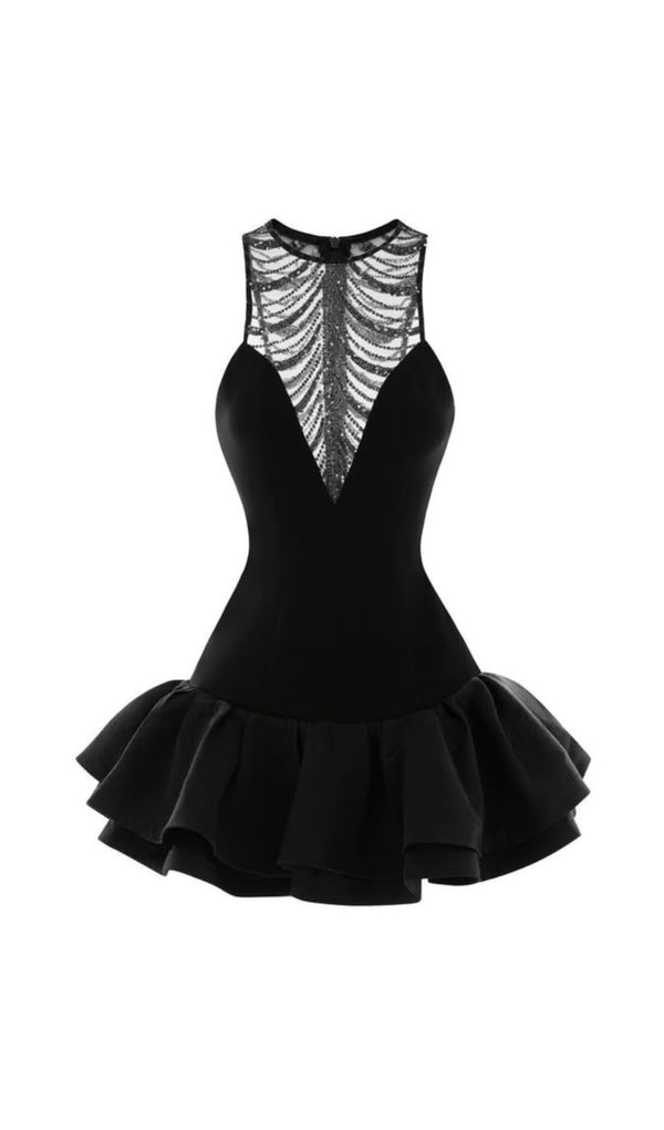 jessica sequin tulle ruched hem mini dress in black