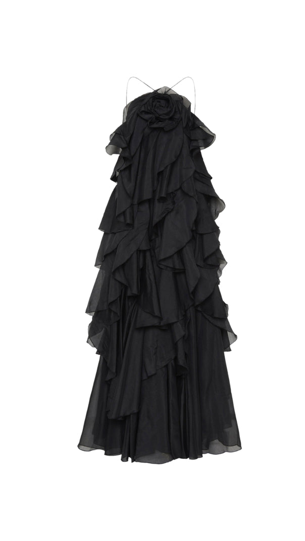 AIIZIE CAYSIE HALTER FLORAL RUFFLE LAYERED MAXI DRESS IN BLACK - product image