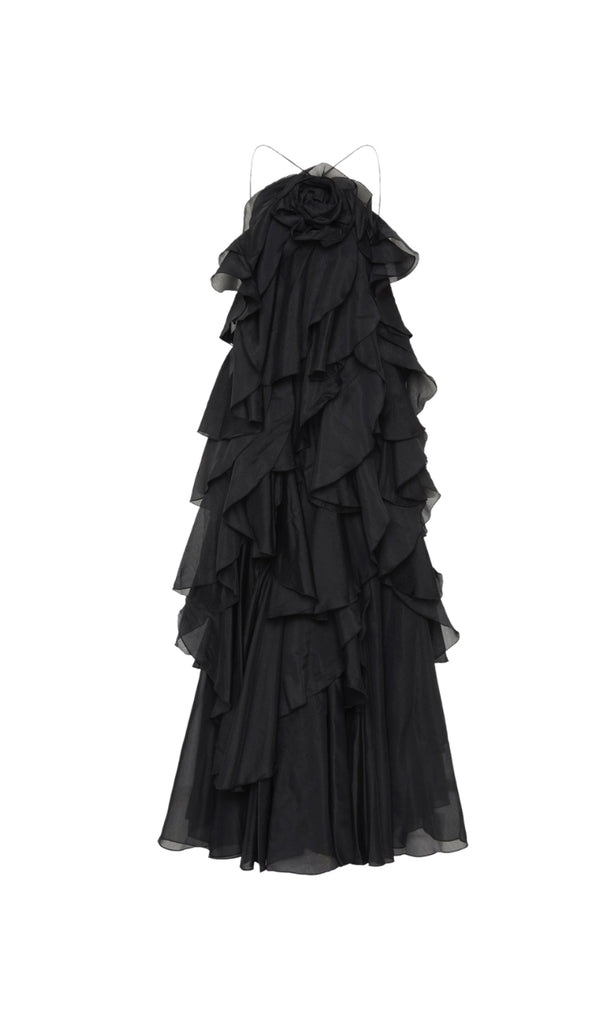 Caysie Halter Floral Ruffle Layered Maxi Dress in Black