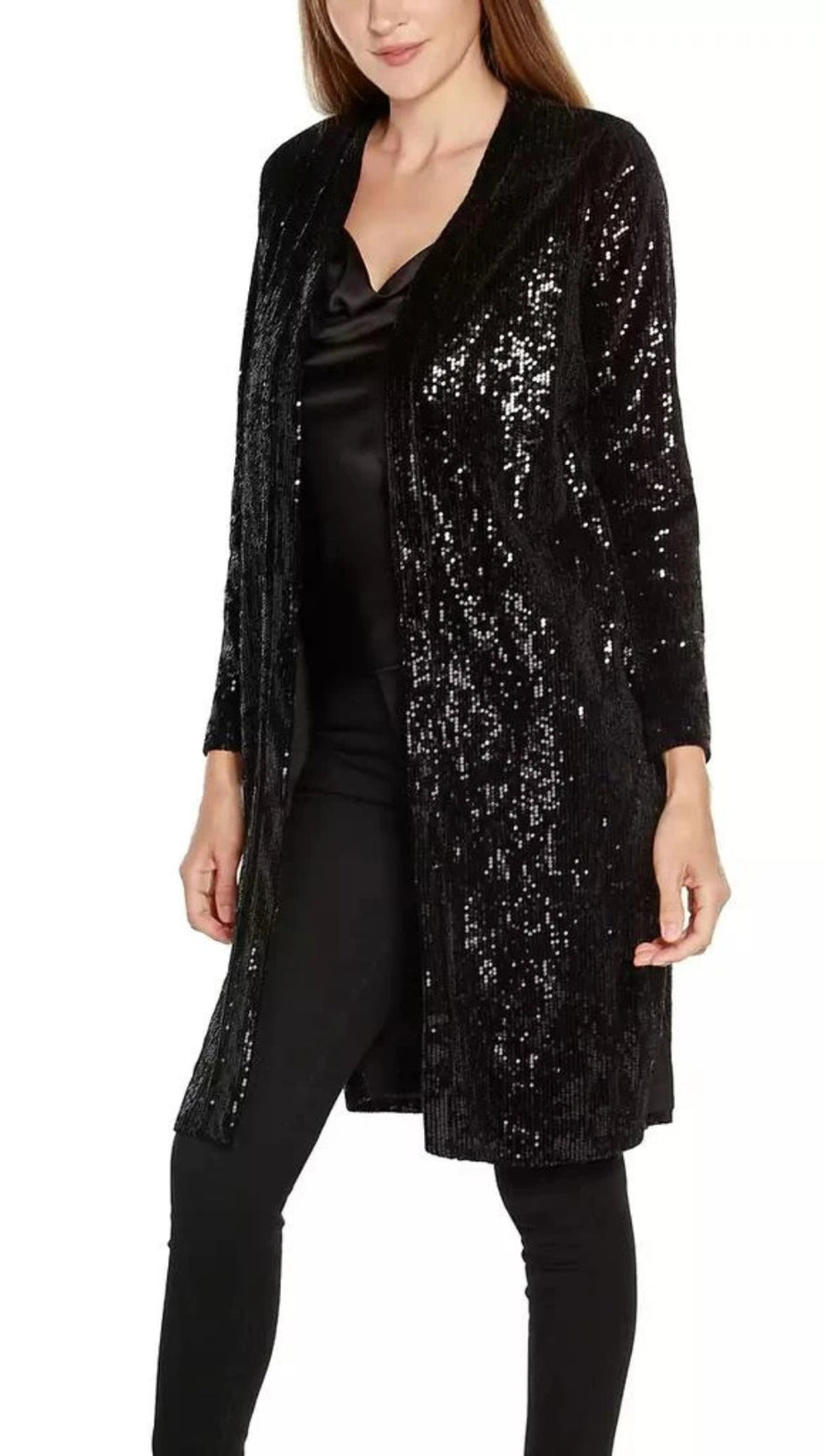 BLACK LABEL WOMEN'S STRETCH VELVET SEQUIN KNIT DUSTER TOP