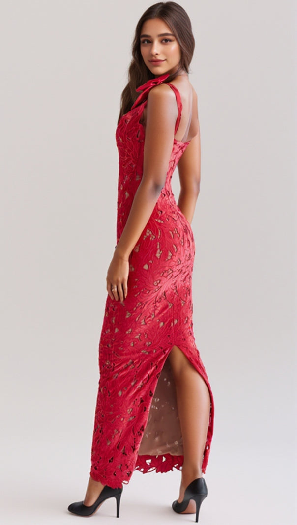 AIIZIE HERMOSA BOW STRAP EMBROIDERED LACE MAXI DRESS IN RED - product image