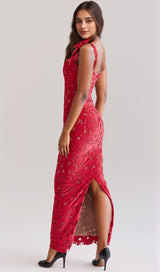 hermosa Bow Strap Embroidered Lace Maxi Dress in red