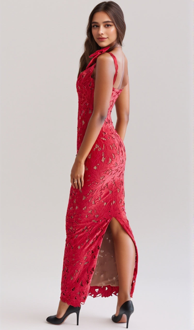 hermosa Bow Strap Embroidered Lace Maxi Dress in red
