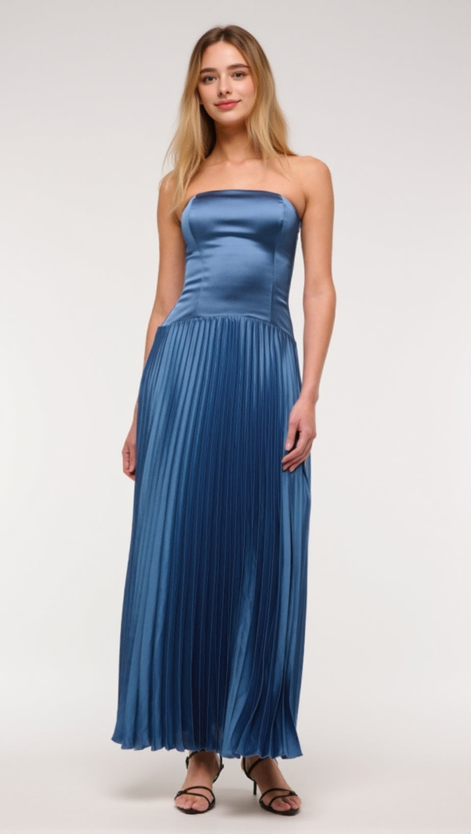 GISELLE PLEATED DROP-WAIST MAXI DRESS IN BLUE