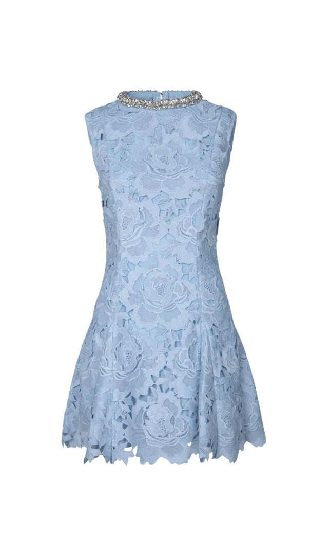 AIIZIE PANDORA FLOWER LACE MINI DRESS IN BLUE - product image