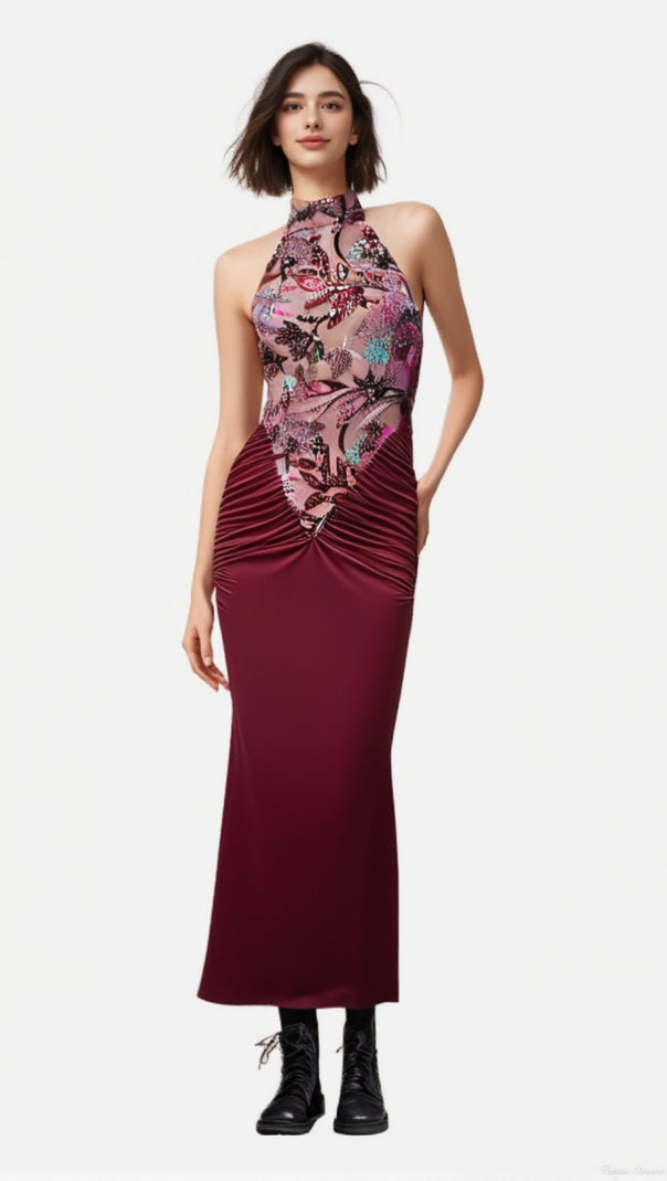 AIIZIE HALTER NECK PEACOCK RED FISHTAIL SKIRT - product image