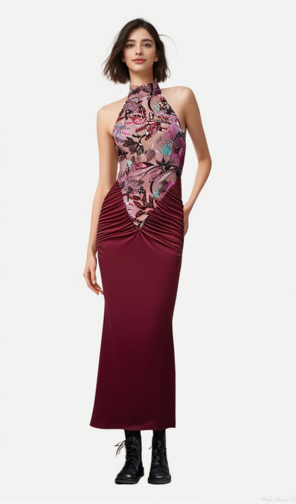Halter Neck Peacock Red Fishtail Skirt