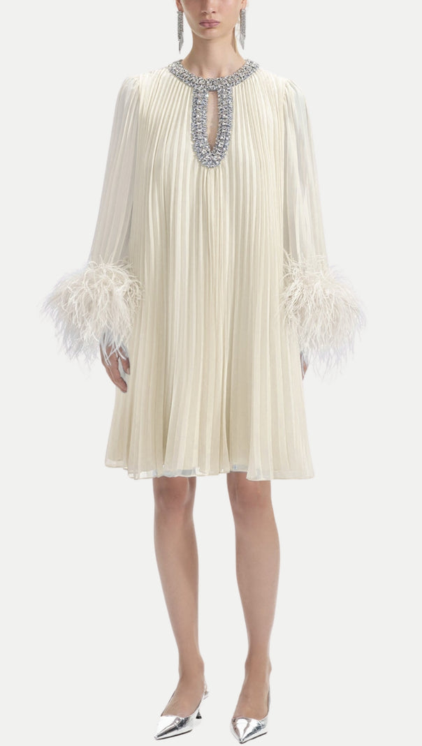 AIIZIE MANJA DIAMANTE CHIFFON FEATHER MINI DRESS - WHITE - product image