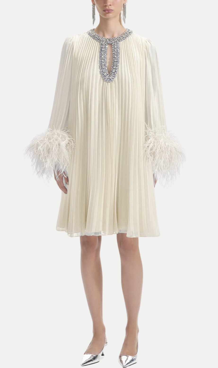 Manja Diamante Chiffon Feather Mini Dress - White