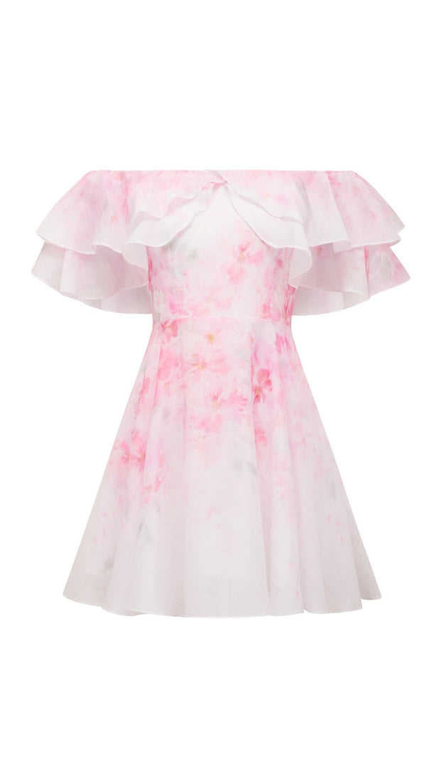 AIIZIE ELLIE FLORAL PRINT RUFFLE MINI DRESS IN PINK - product image