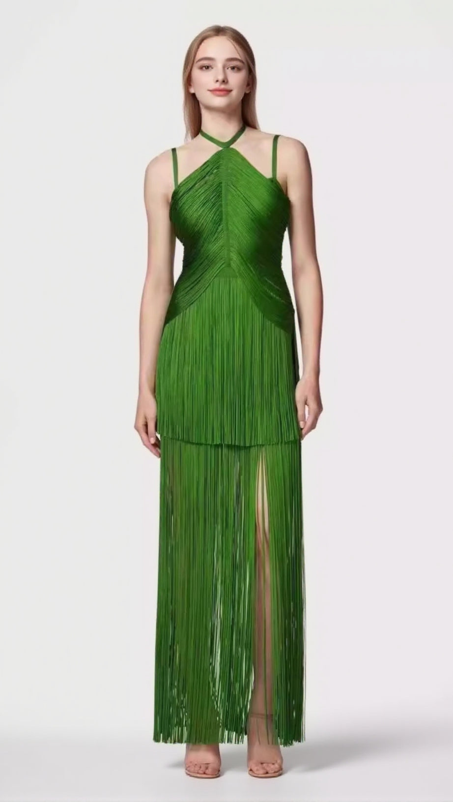 GREEN HALTER MAXI DRESS WITH FRINGE HEM EVENING DANCE DRESS