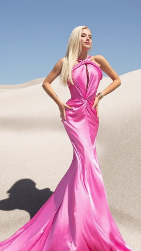 AIIZIE HALTER BRAIDED DRAPED MAXI DRESS HOT PINK - product image
