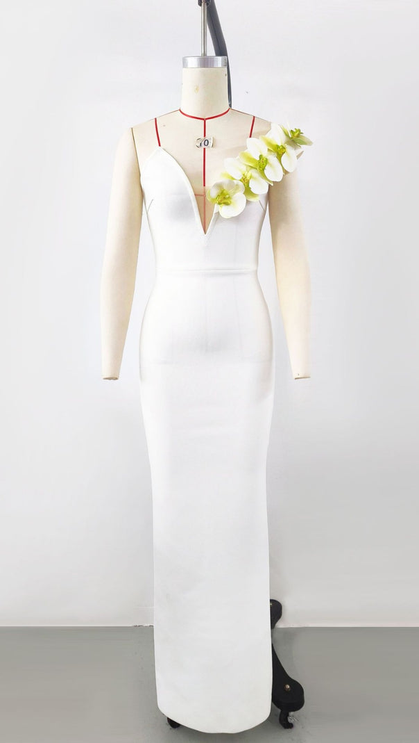 AIIZIE BANDAGEDRESS ELEGANT FLORAL ONE-SHOULDER MAXI DRESS WHITE - product image