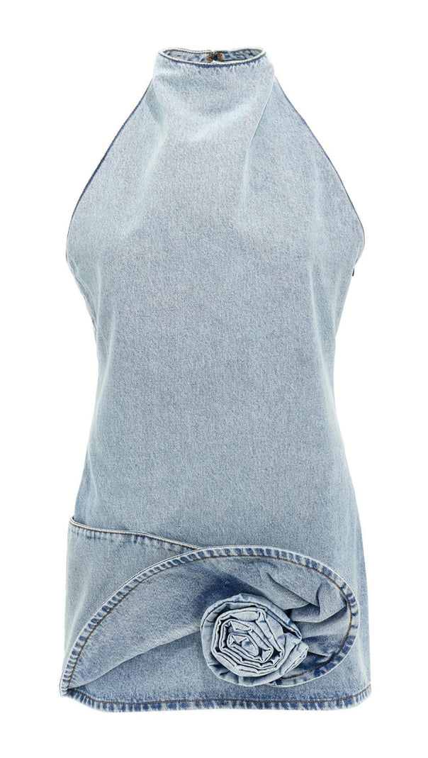AIIZIE CHRISTELL FLORAL APPLIQUÉ HALTER DENIM MINI DRESS - product image