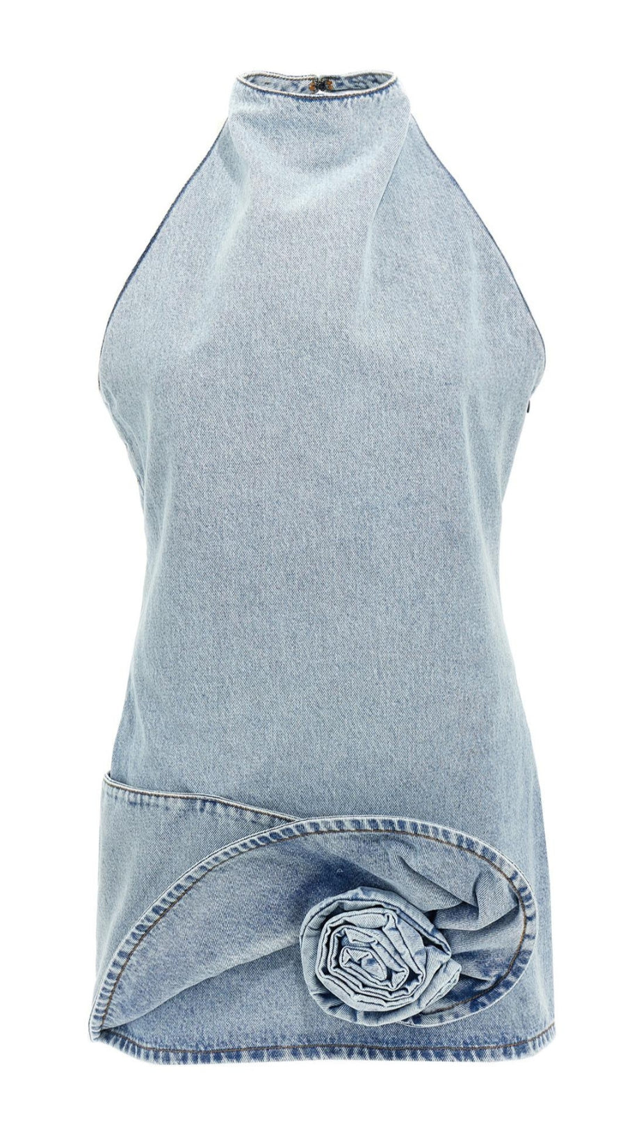 CHRISTELL FLORAL APPLIQUÉ HALTER DENIM MINI DRESS