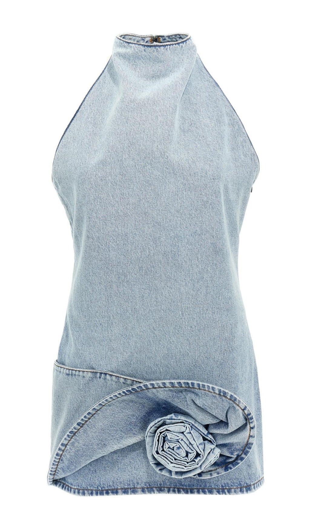 CHRISTELL FLORAL APPLIQUÉ HALTER DENIM MINI DRESS