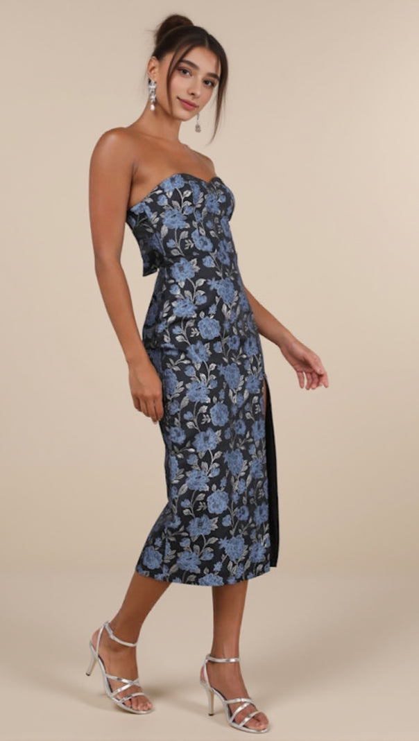 AIIZIE BELOVED BELLE BLACK MULTI JACQUARD STRAPLESS BOW MIDI DRESS - product image