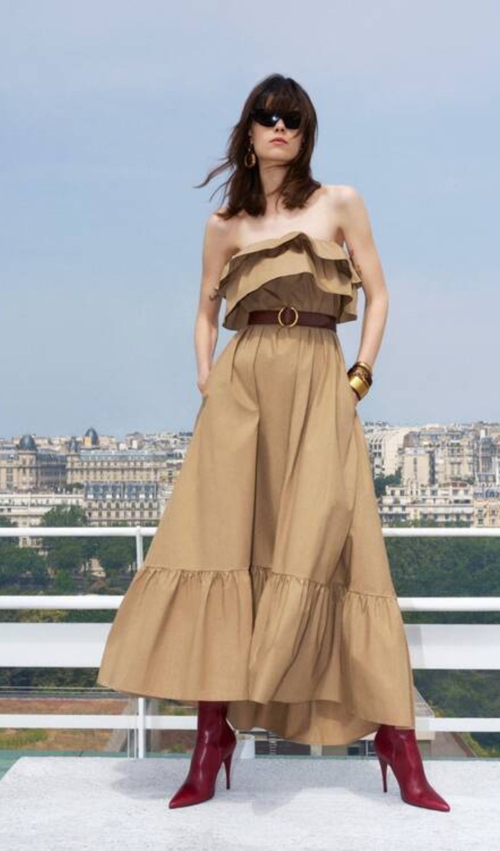 CLARRISA RUFFLED STRAPLESS MAXI DRESS