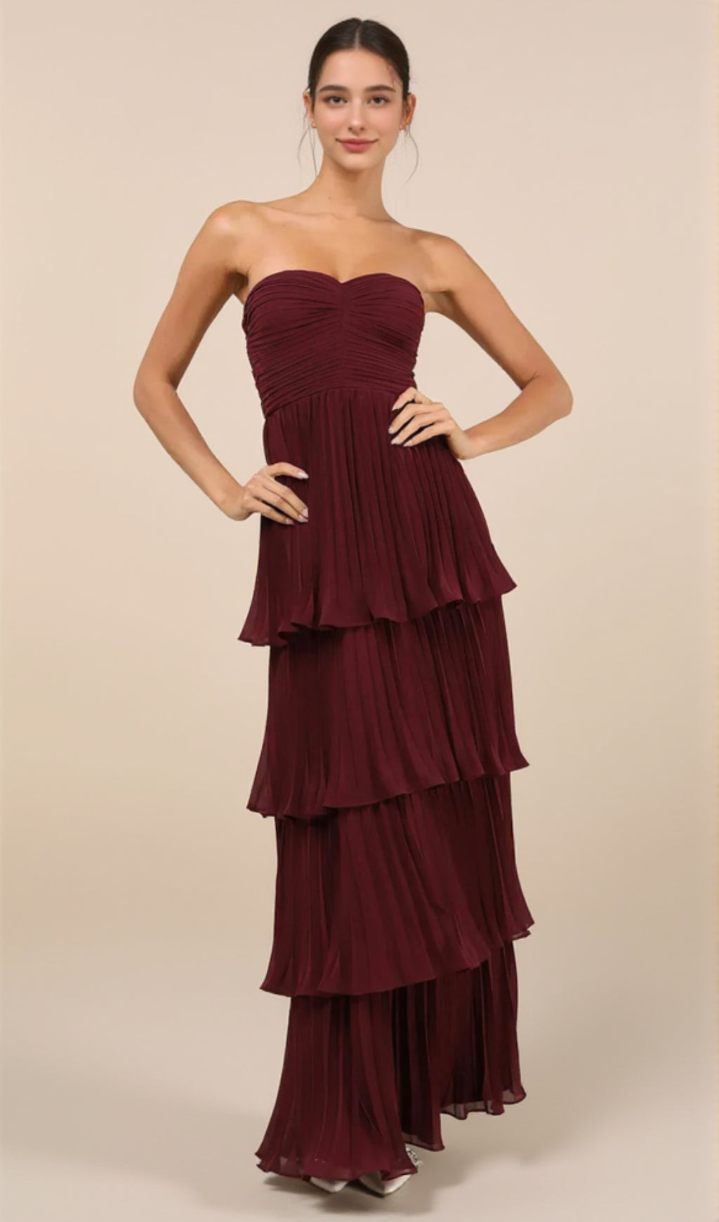 STRAPLESS TIERED MAXI DRESS IN PLUM PURPLE