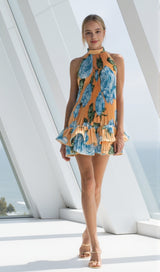 tina multicolor Double-layer ruffled halter neck mini dress