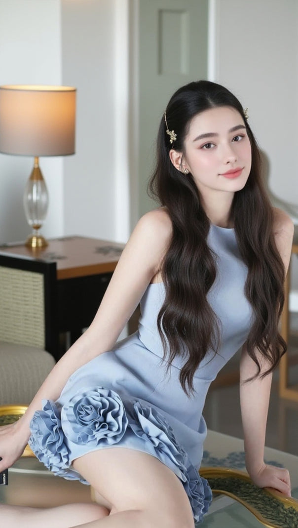 Janice – Ärmelloses Minikleid mit 3D-Blumen in Blau