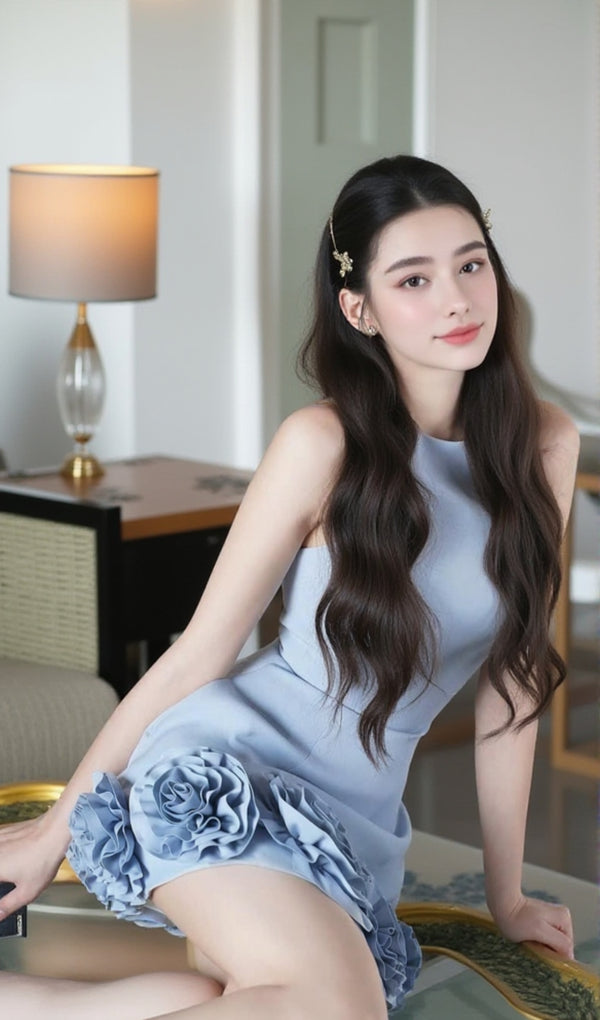 janice 3d flower sleeveless mini dress in blue