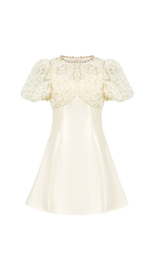 AIIZIE FLORAL LACE PUFF SLEEVE A-LINE MINI DRESS IN APRICOT - product image