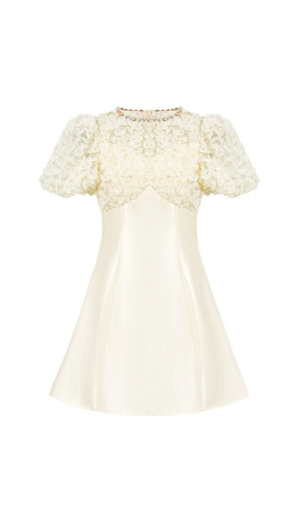 FLORAL LACE PUFF SLEEVE A-LINE MINI DRESS IN APRICOT