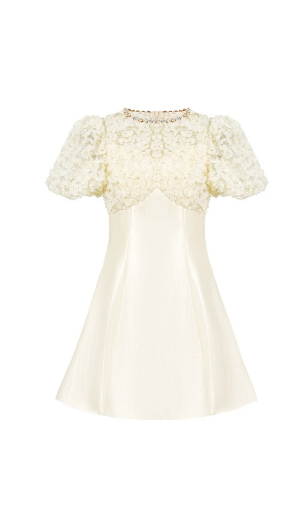 FLORAL LACE PUFF SLEEVE A-LINE MINI DRESS IN APRICOT