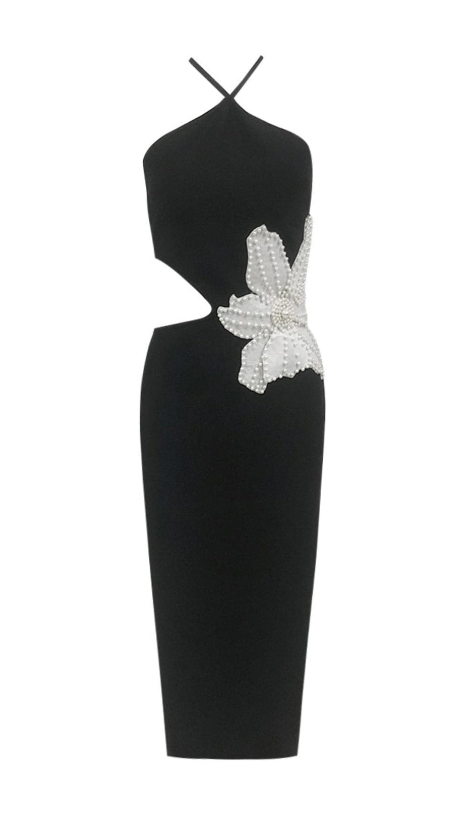ATHENA FLORAL APPLIQUÉ CUTOUT HALTER MIDI DRESS IN BLACK