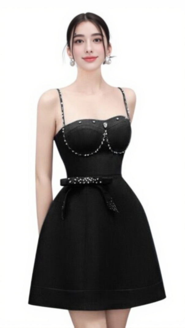 AIIZIE ELMA CRYSTAL EMBELLISHED BOW MINI DRESS IN BLACK - product image