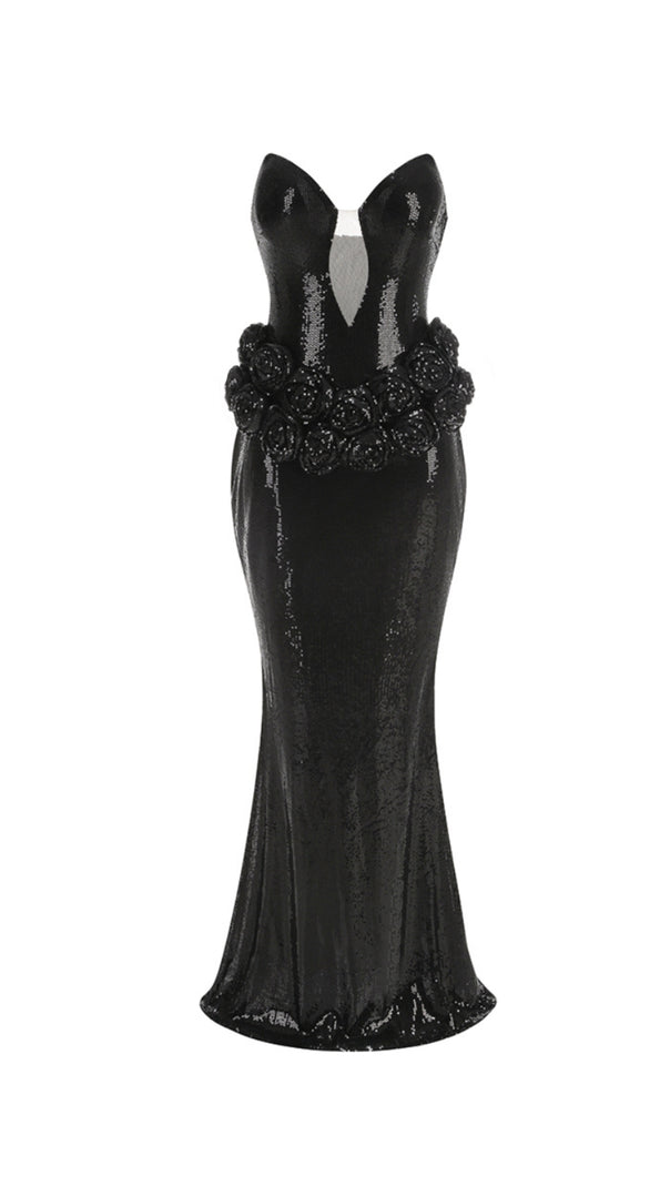 AIIZIE VIVIEN OFF-SHOULDER SEQUIN PROM MAXI DRESS IN BLACK - product image