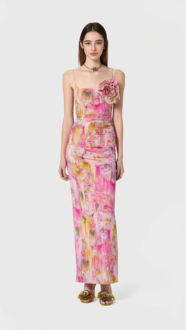 AIIZIE MOLLY FLORAL APPLIQUÉ PRINT MAXI DRESS IN PINK - product image