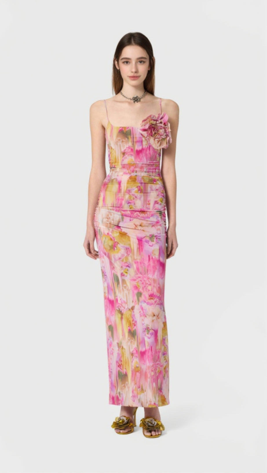 ABITO LUNGO MOLLY CON STAMPA FLOREALE APPLICATA IN ROSA