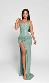Sparkly Sequin Lace Up Twisted Ruched High Slit Slip Evening Maxi Dress