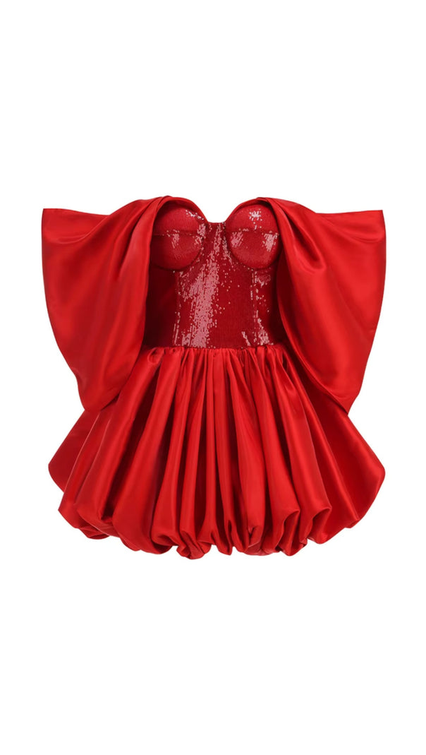 AIIZIE BARDOT SEQUIN BUSTIER PUFF DRESS RED - product image