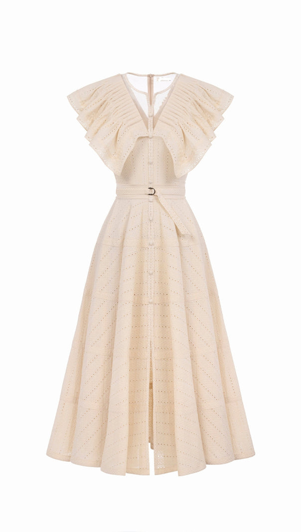 AIIZIE SALLY RUFFLED V-NECK MIDI DRESS IN APRICOT - product image