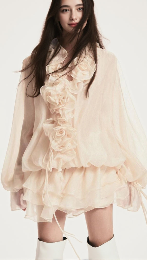 AIIZIE JAKETTA FLOWER RUFFLE MINI DRESS IN BEIGE - product image